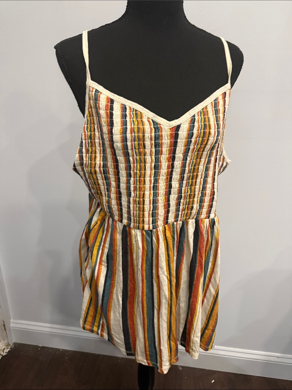 torrid Striped Smocked Cami Romper in Mustard, Rust, Teal & Cream